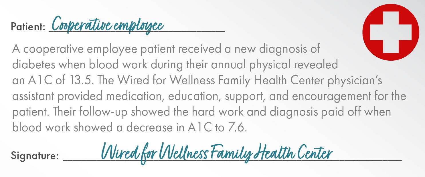 Patient:	Cooperative Employee    A cooperative employee patient received a new diagnosis of diabetes when blood work during their annual physical revealed an A1C of 13.5. The Wired for Wellness Family Health Center physician’s assistant provided medication, education, support, and encouragement for the patient. Their follow-up showed the hard work and diagnosis paid off when blood work showed a decrease in A1C to 7.6. Signature: Wired for Wellness Family Health Center
