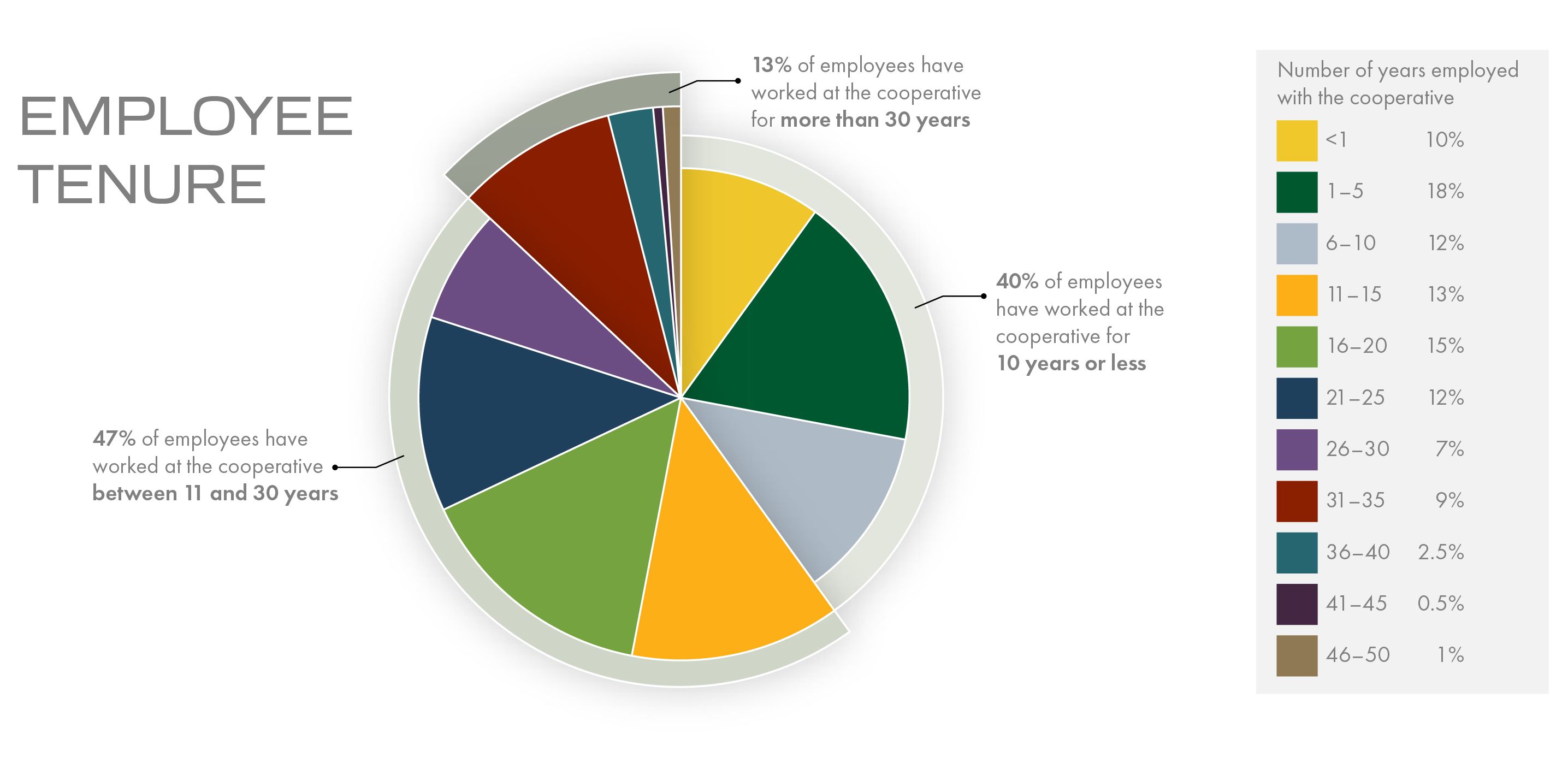 13% of employees have worked at the cooperative for more than 30 years