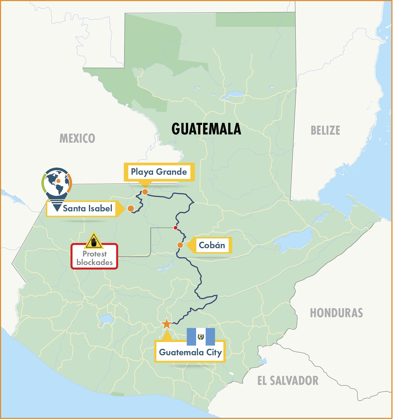 Map of Guatemala showing a second roadblock between Playa Grande and Cobán