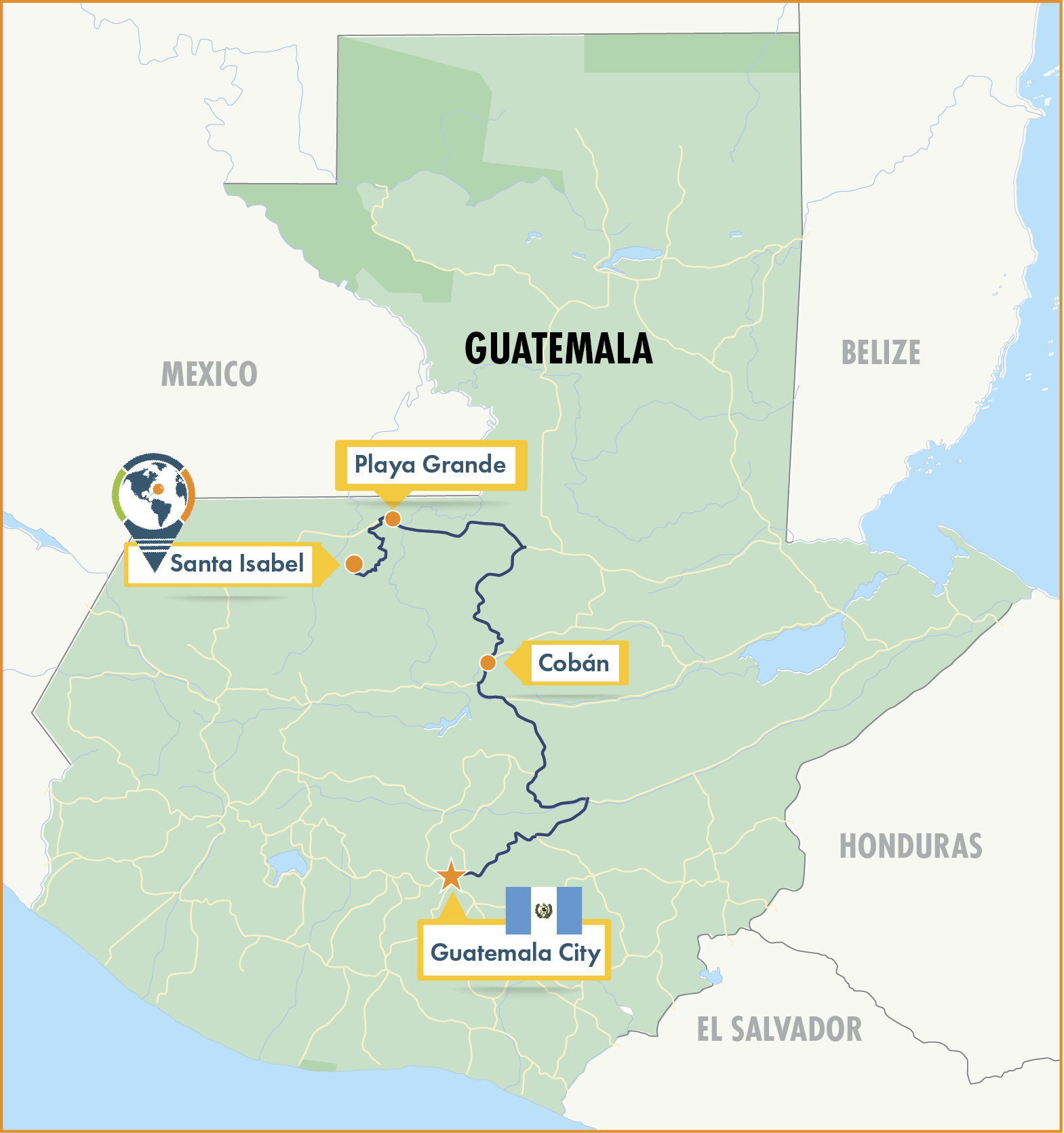 Map of Guatemala showing route from Playa Grande and Cobán