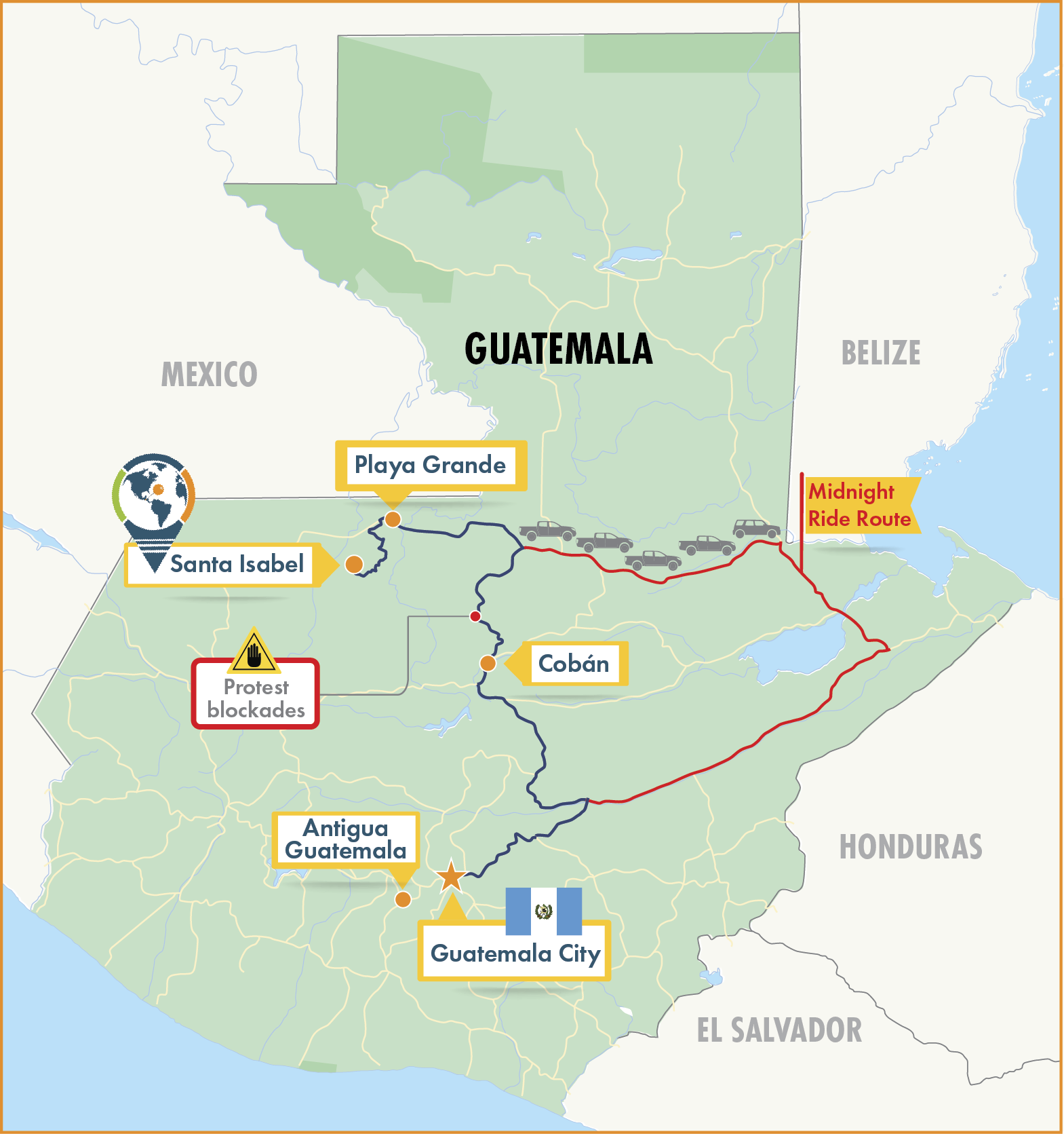 Map of Guatemala showing trucks on detour from Playa Grande to Guatemala City, with flag reading Midnight Ride Route