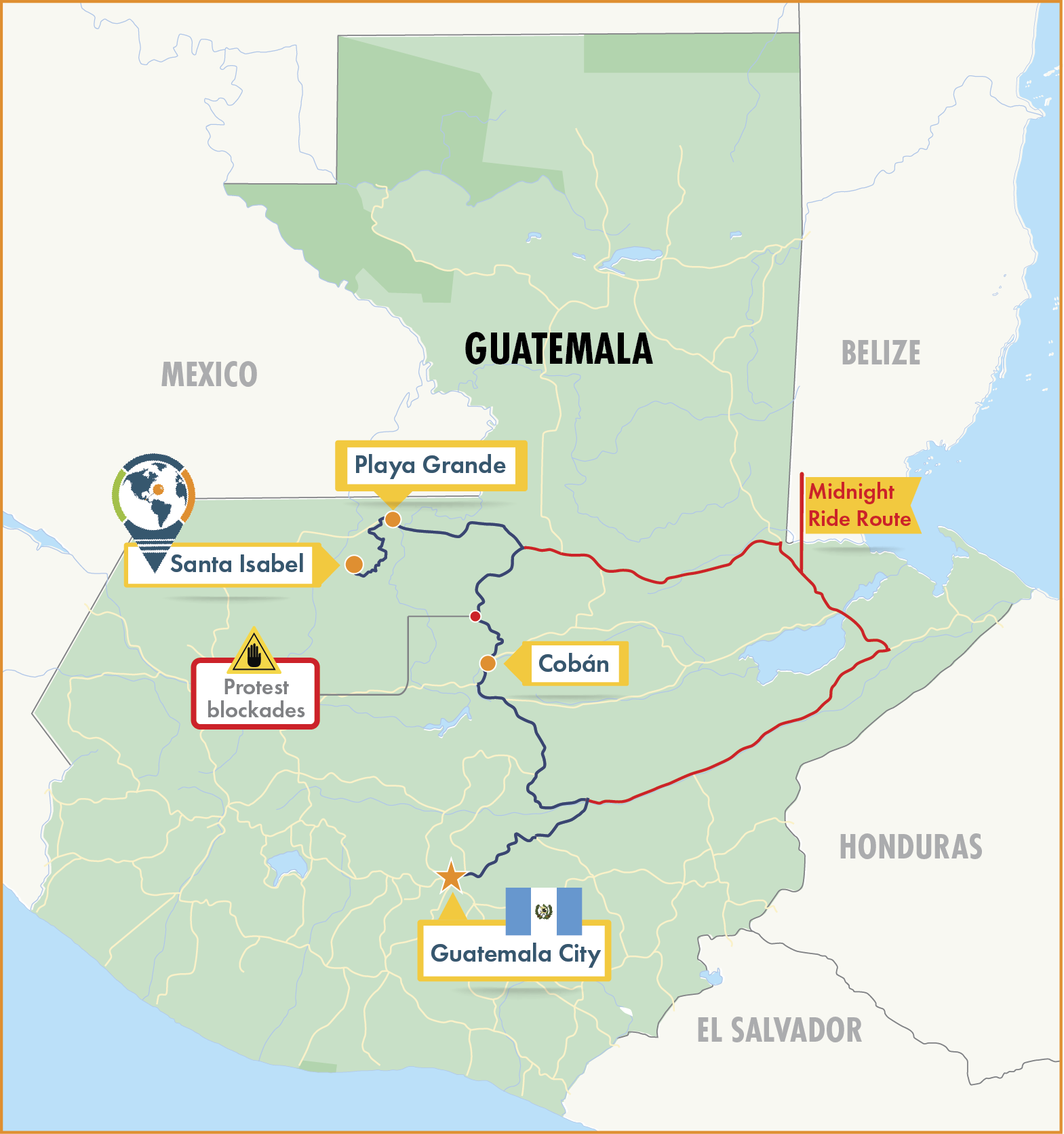 Map of Guatemala showing long detour between Playa Grande and Guatemala City, avoiding roadblock