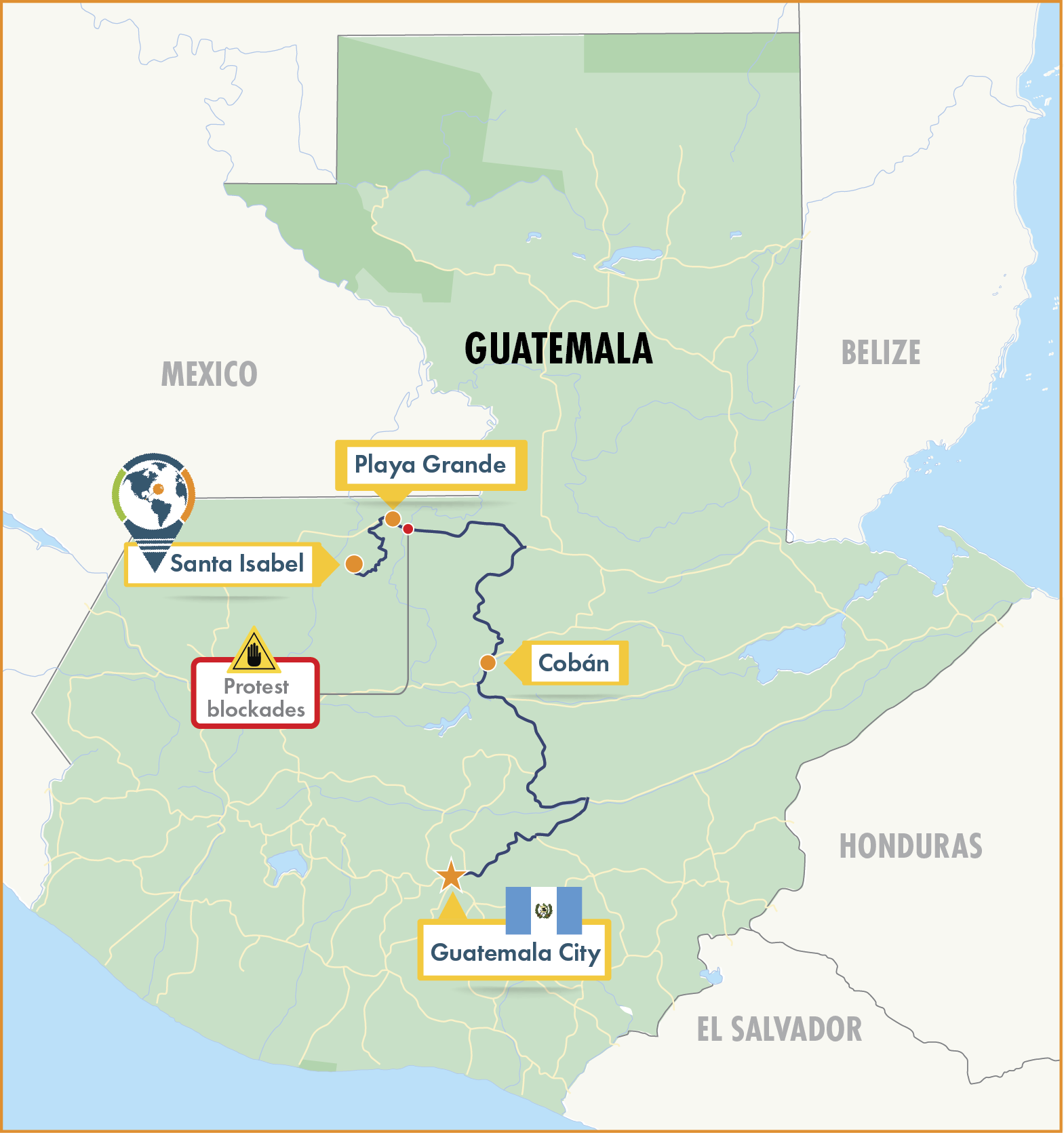 Map of Guatemala showing roadblock between Playa Grande and Cobán